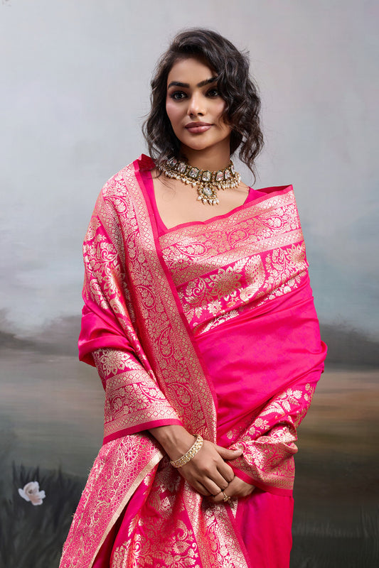 Rani Pink Banarasi Silk Saree Rich Zari Woven Border Designer Blouse