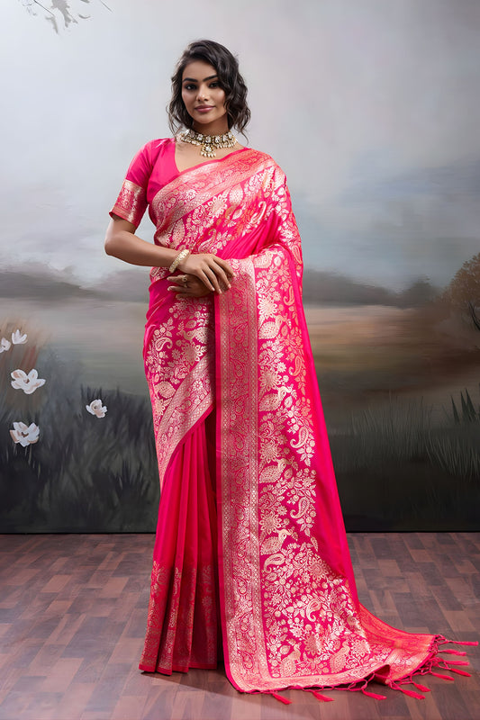 Rani Pink Banarasi Silk Saree Rich Zari Woven Border Designer Blouse