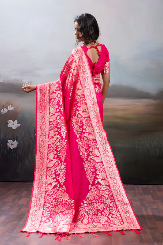 Rani Pink Banarasi Silk Saree Rich Zari Woven Border Designer Blouse