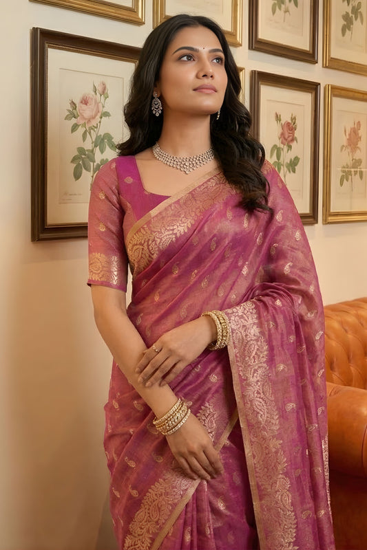 Pink Banarasi Silk Saree with Gold Zari Weaving Traditional Saree