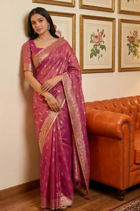 Pink Banarasi Silk Saree with Gold Zari Weaving Traditional Saree