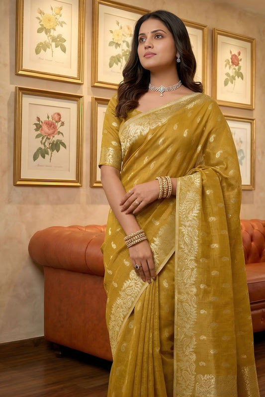 Mustard Yellow Banarasi Silk Saree Gold Zari Weaving Traditional Saree