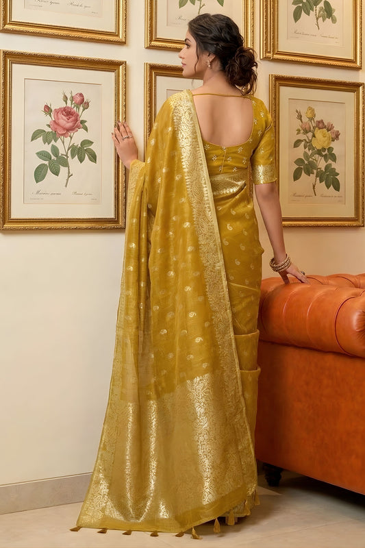 Mustard Yellow Banarasi Silk Saree Gold Zari Weaving Traditional Saree