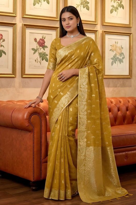 Mustard Yellow Banarasi Silk Saree Gold Zari Weaving Traditional Saree 