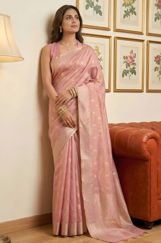 Pastel Pink Banarasi Silk Saree Gold Zari Weaving Traditional Saree