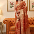  Rust Orange Banarasi Silk Saree Gold Zari Weaving Traditional Saree 