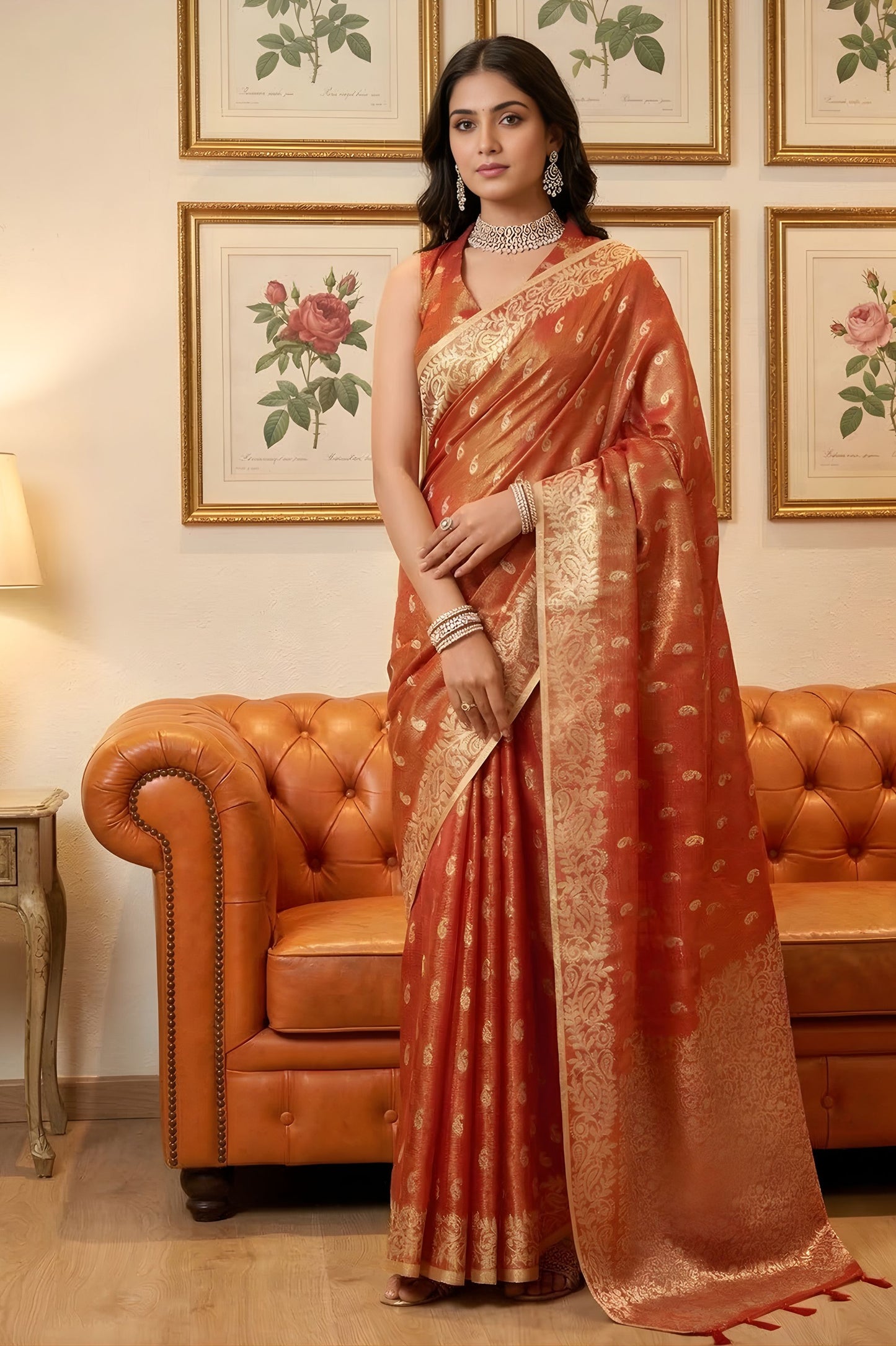  Rust Orange Banarasi Silk Saree Gold Zari Weaving Traditional Saree 
