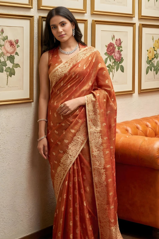 Rust Orange Banarasi Silk Saree Gold Zari Weaving Traditional Saree