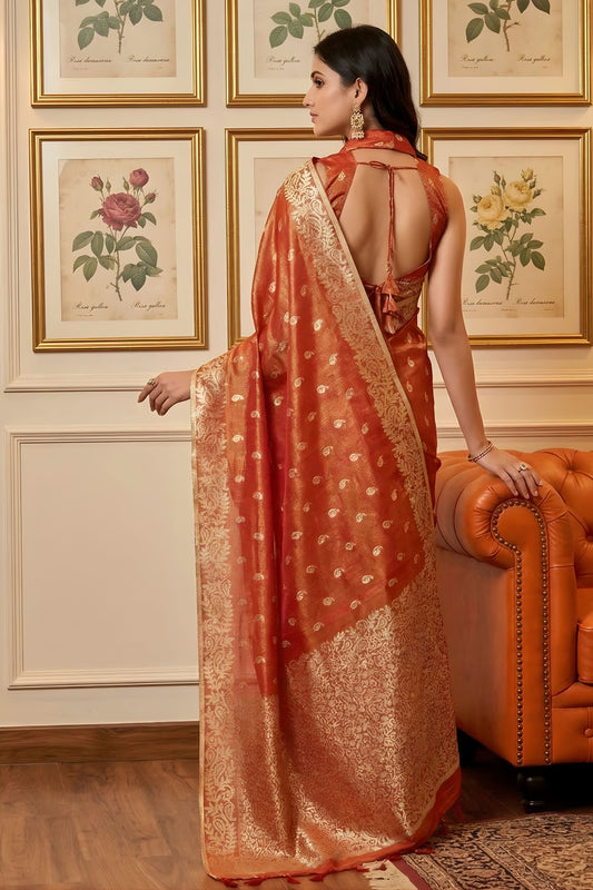 Rust Orange Banarasi Silk Saree Gold Zari Weaving Traditional Saree