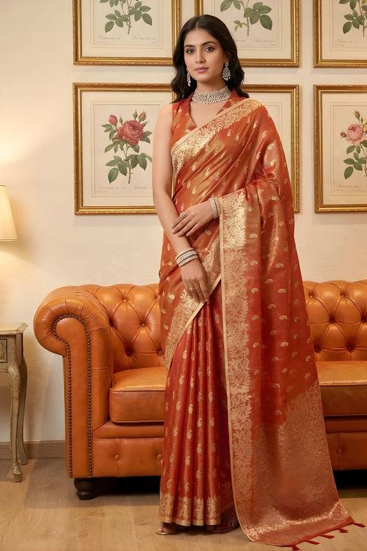  Rust Orange Banarasi Silk Saree Gold Zari Weaving Traditional Saree 