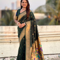  Dark Green Paithani Silk Saree Rich Gold Zari Border Multicolor Peacock Pallu