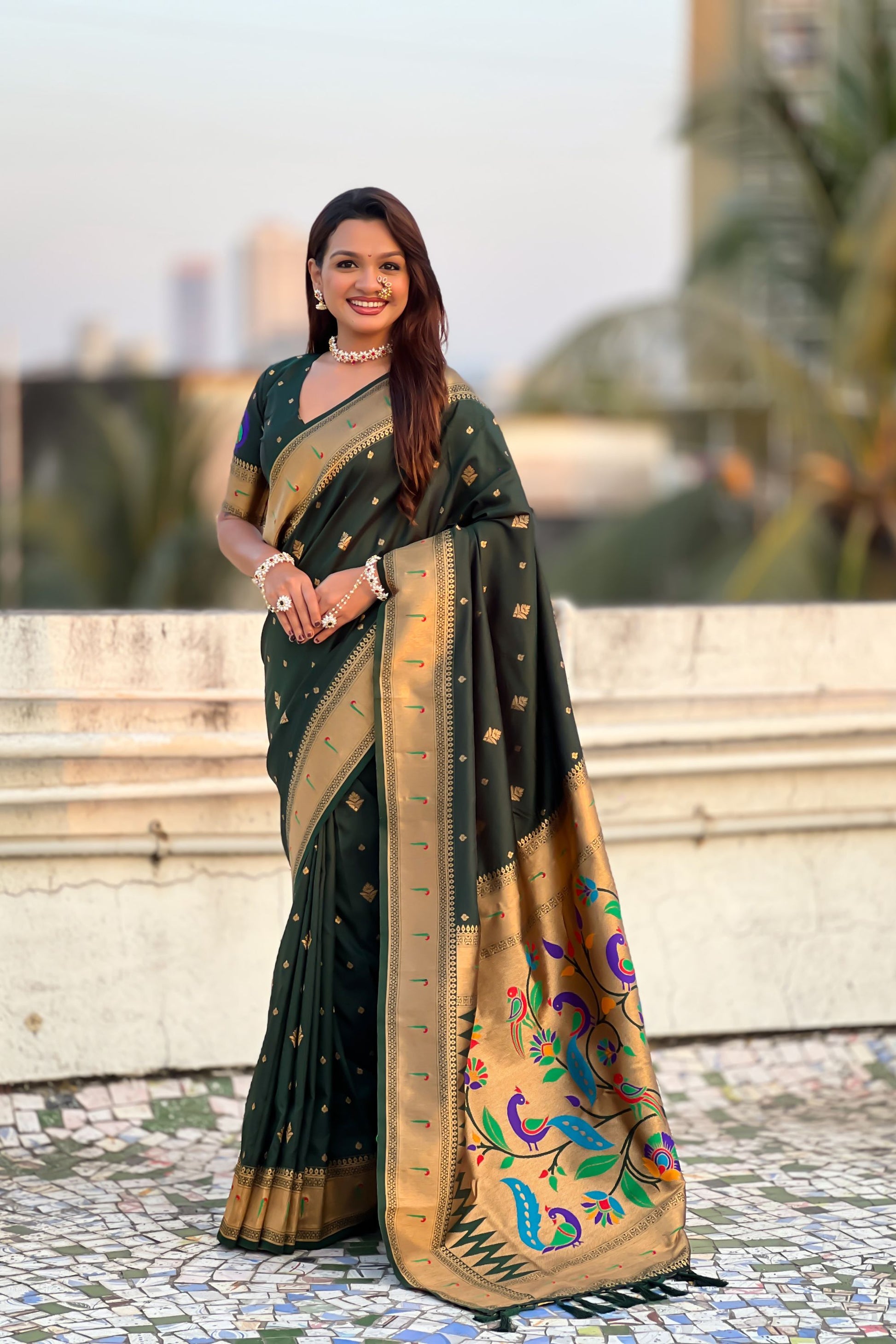  Dark Green Paithani Silk Saree Rich Gold Zari Border Multicolor Peacock Pallu