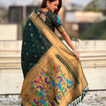 Dark Green Paithani Silk Saree Rich Gold Zari Border Multicolor Peacock Pallu