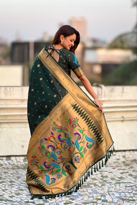 Dark Green Paithani Silk Saree Rich Gold Zari Border Multicolor Peacock Pallu