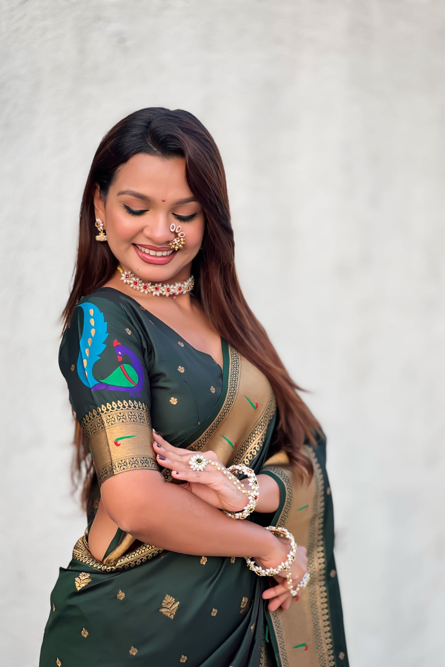 Dark Green Paithani Silk Saree Rich Gold Zari Border Multicolor Peacock Pallu