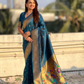 Teal Blue Paithani Silk Saree Rich Gold Zari Border Multicolor Peacock Pallu
