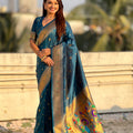 Teal Blue Paithani Silk Saree Rich Gold Zari Border Multicolor Peacock Pallu