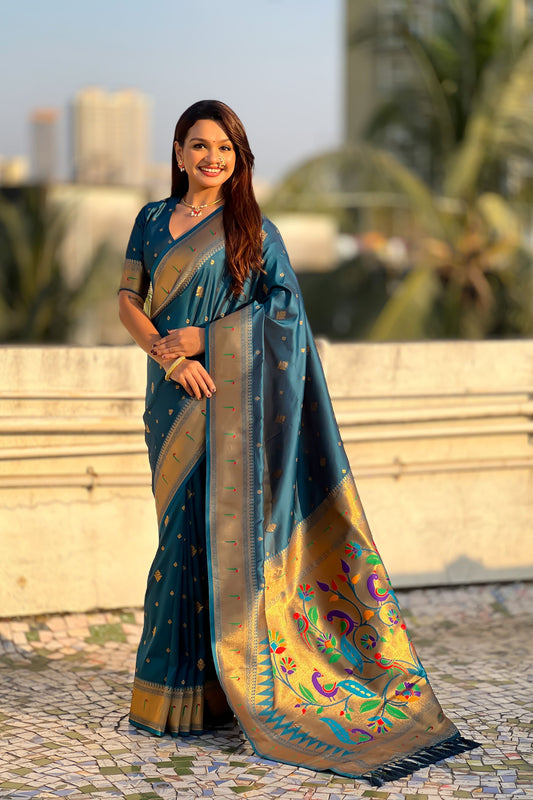 Teal Blue Paithani Silk Saree Rich Gold Zari Border Multicolor Peacock Pallu