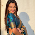Teal Blue Paithani Silk Saree Rich Gold Zari Border Multicolor Peacock Pallu