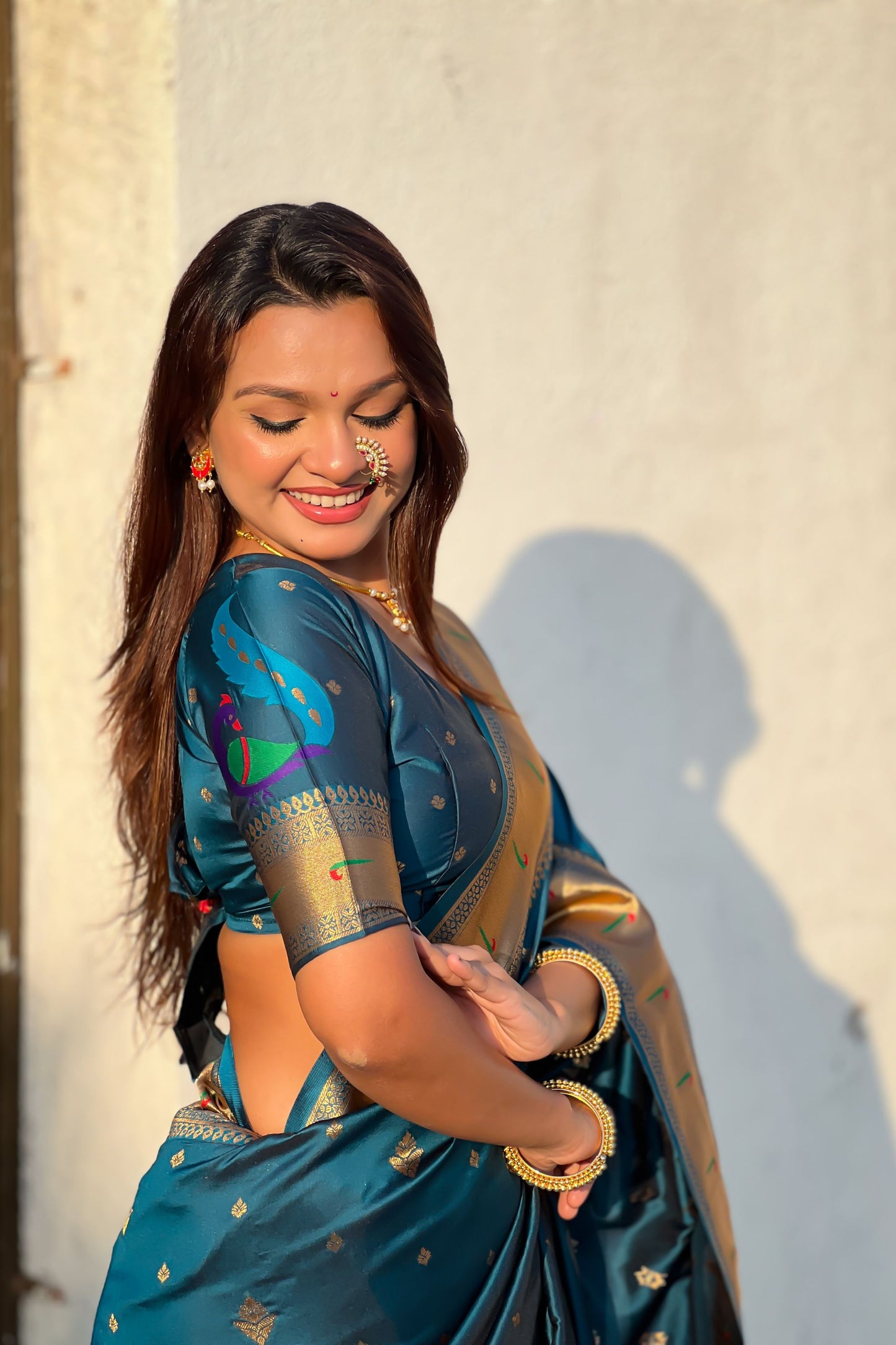 Teal Blue Paithani Silk Saree Rich Gold Zari Border Multicolor Peacock Pallu