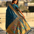 Teal Blue Paithani Silk Saree Rich Gold Zari Border Multicolor Peacock Pallu