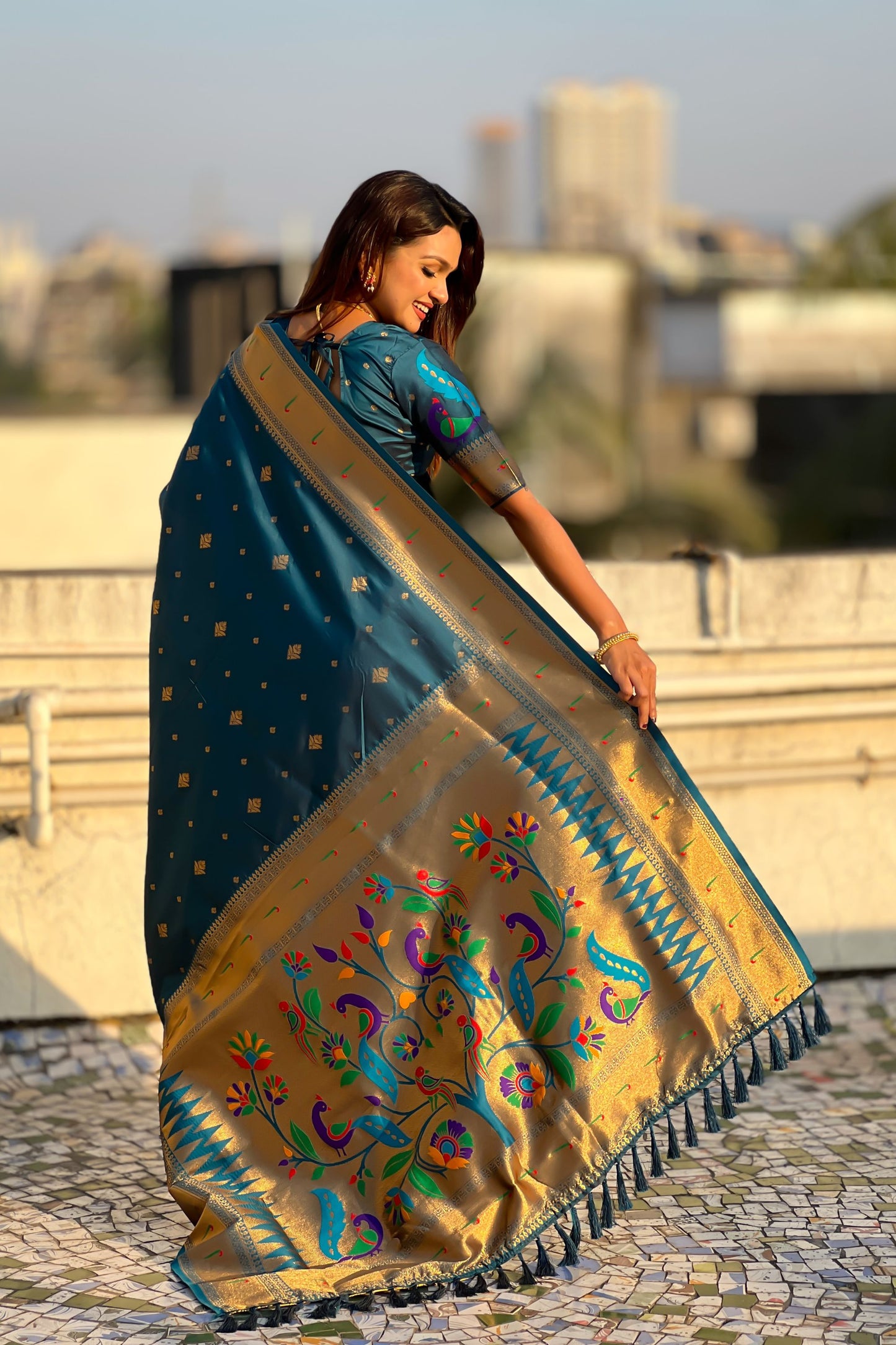 Teal Blue Paithani Silk Saree Rich Gold Zari Border Multicolor Peacock Pallu