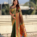 Olive Green Paithani Silk Saree Rich Gold Zari Border Multicolor Peacock Pallu