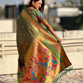 Olive Green Paithani Silk Saree Rich Gold Zari Border Multicolor Peacock Pallu