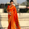 Orange Paithani Silk Saree Rich Gold Zari Border Multicolor Peacock Pallu