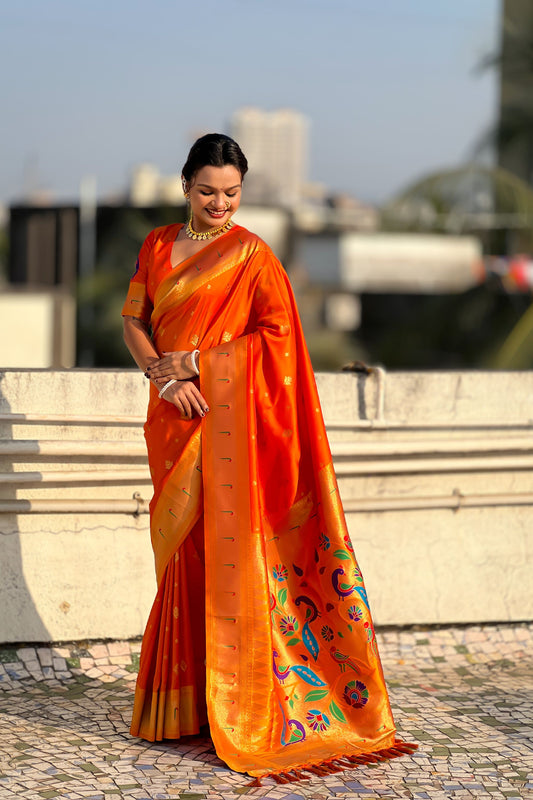 Orange Paithani Silk Saree Rich Gold Zari Border Multicolor Peacock Pallu