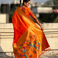 Orange Paithani Silk Saree Rich Gold Zari Border Multicolor Peacock Pallu