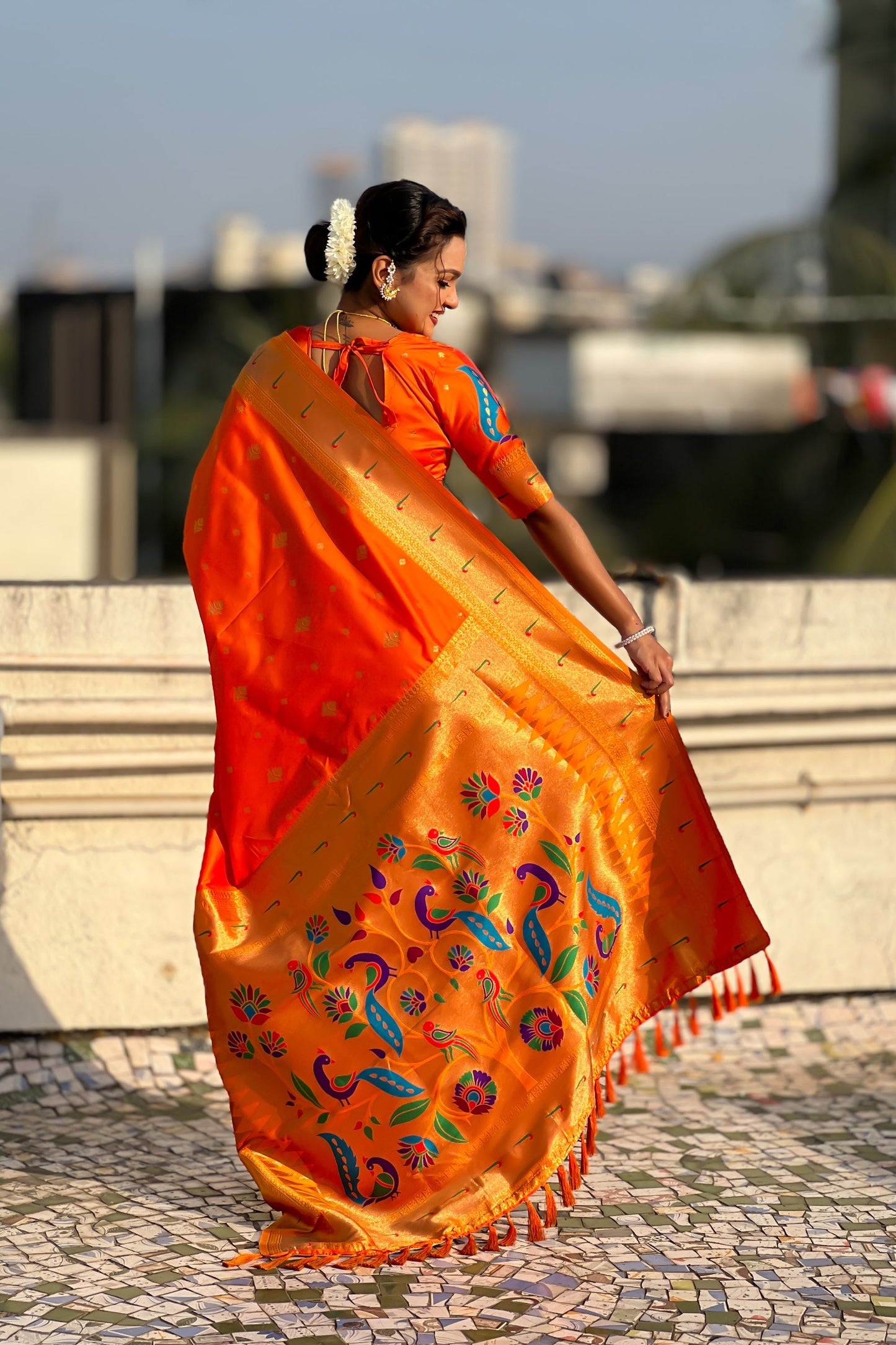 Orange Paithani Silk Saree Rich Gold Zari Border Multicolor Peacock Pallu