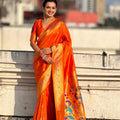  Orange Paithani Silk Saree Rich Gold Zari Border Multicolor Peacock Pallu 