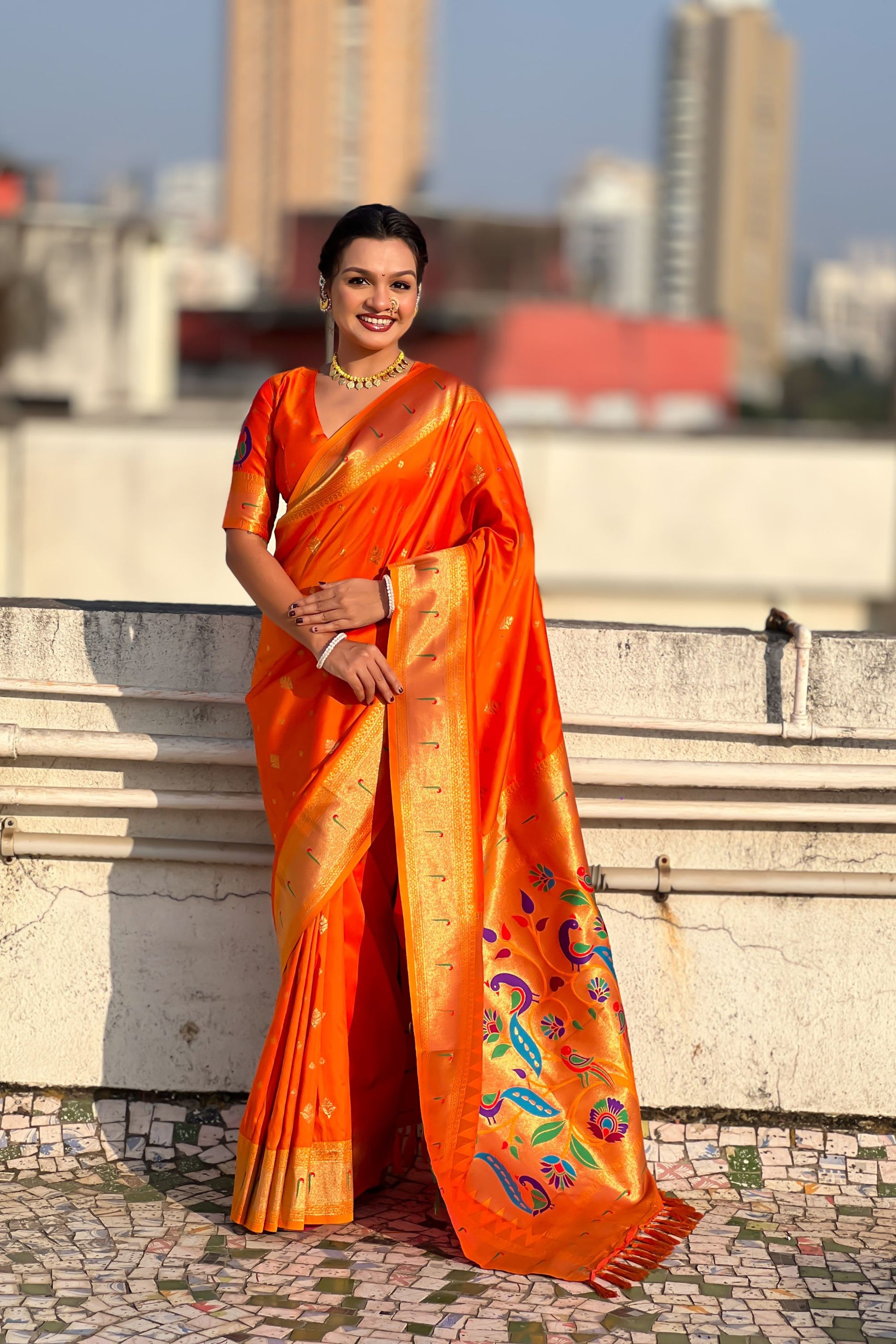  Orange Paithani Silk Saree Rich Gold Zari Border Multicolor Peacock Pallu 