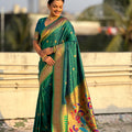 Bottle Green Paithani Silk Saree Rich Gold Zari Border Multicolor Peacock Pallu