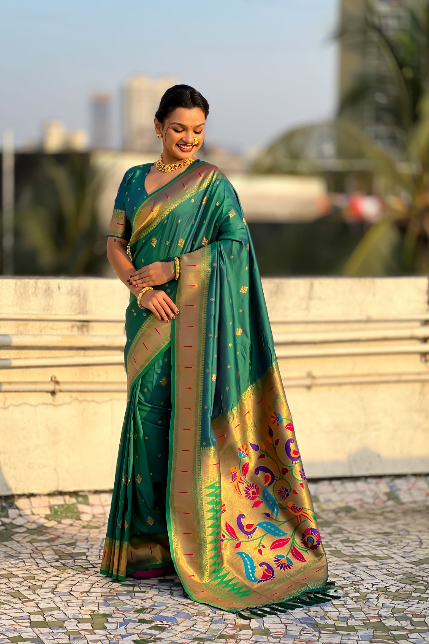 Bottle Green Paithani Silk Saree Rich Gold Zari Border Multicolor Peacock Pallu