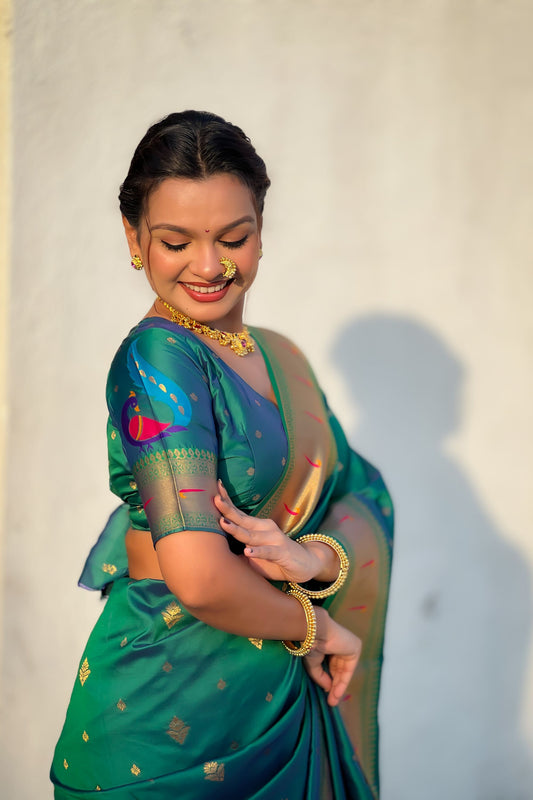Bottle Green Paithani Silk Saree Rich Gold Zari Border Multicolor Peacock Pallu