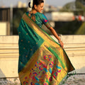 Bottle Green Paithani Silk Saree Rich Gold Zari Border Multicolor Peacock Pallu