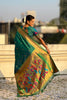 Bottle Green Paithani Silk Saree Rich Gold Zari Border Multicolor Peacock Pallu