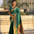  Bottle Green Paithani Silk Saree Rich Gold Zari Border Multicolor Peacock Pallu 