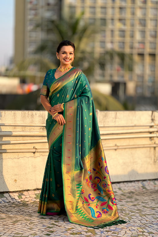  Bottle Green Paithani Silk Saree Rich Gold Zari Border Multicolor Peacock Pallu 