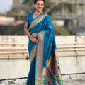 Blue Paithani Silk Saree Rich Gold Zari Border Multicolor Peacock Pallu