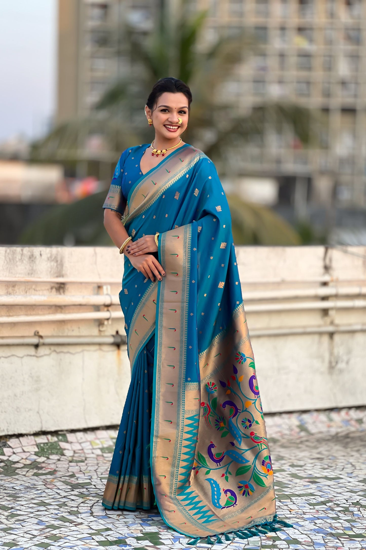 Blue Paithani Silk Saree Rich Gold Zari Border Multicolor Peacock Pallu