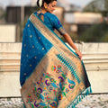 Blue Paithani Silk Saree Rich Gold Zari Border Multicolor Peacock Pallu