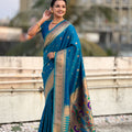 Blue Paithani Silk Saree Rich Gold Zari Border Multicolor Peacock Pallu 