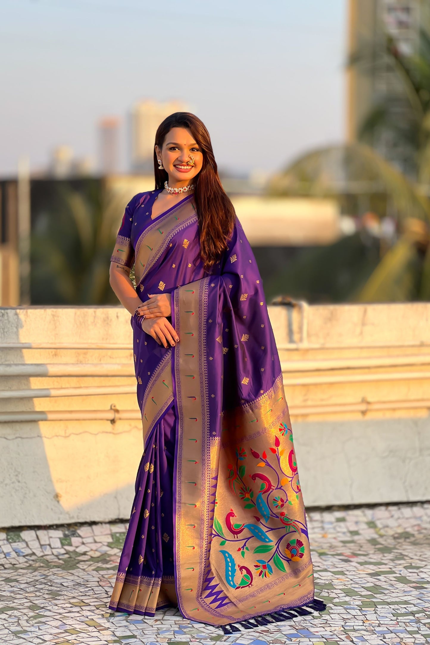 Royal Purple Paithani Silk Saree Rich Gold Zari Border Multicolor Peacock Pallu 