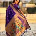 Royal Purple Paithani Silk Saree Rich Gold Zari Border Multicolor Peacock Pallu