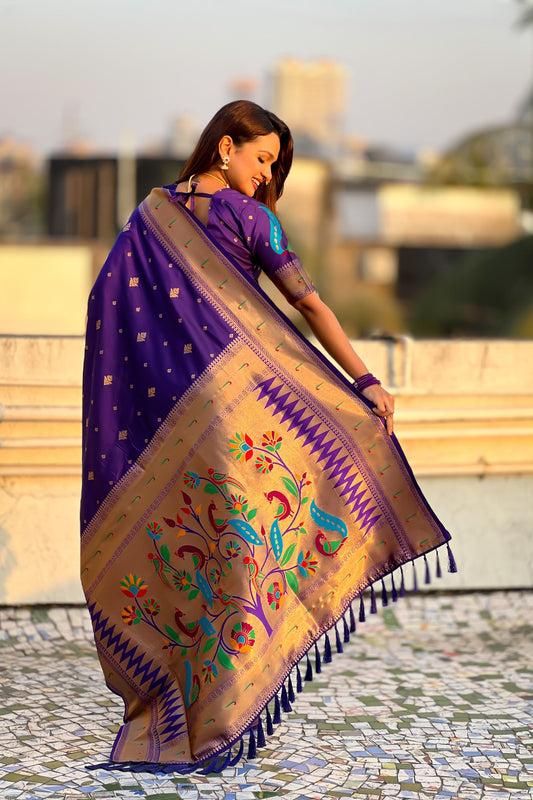 Royal Purple Paithani Silk Saree Rich Gold Zari Border Multicolor Peacock Pallu