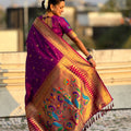Rani Pink Paithani Silk Saree Rich Gold Zari Border Multicolor Peacock Pallu