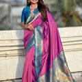 Pink Paithani Silk Saree Contrasting Blue Border Rich Gold Zari Peacock Pallu